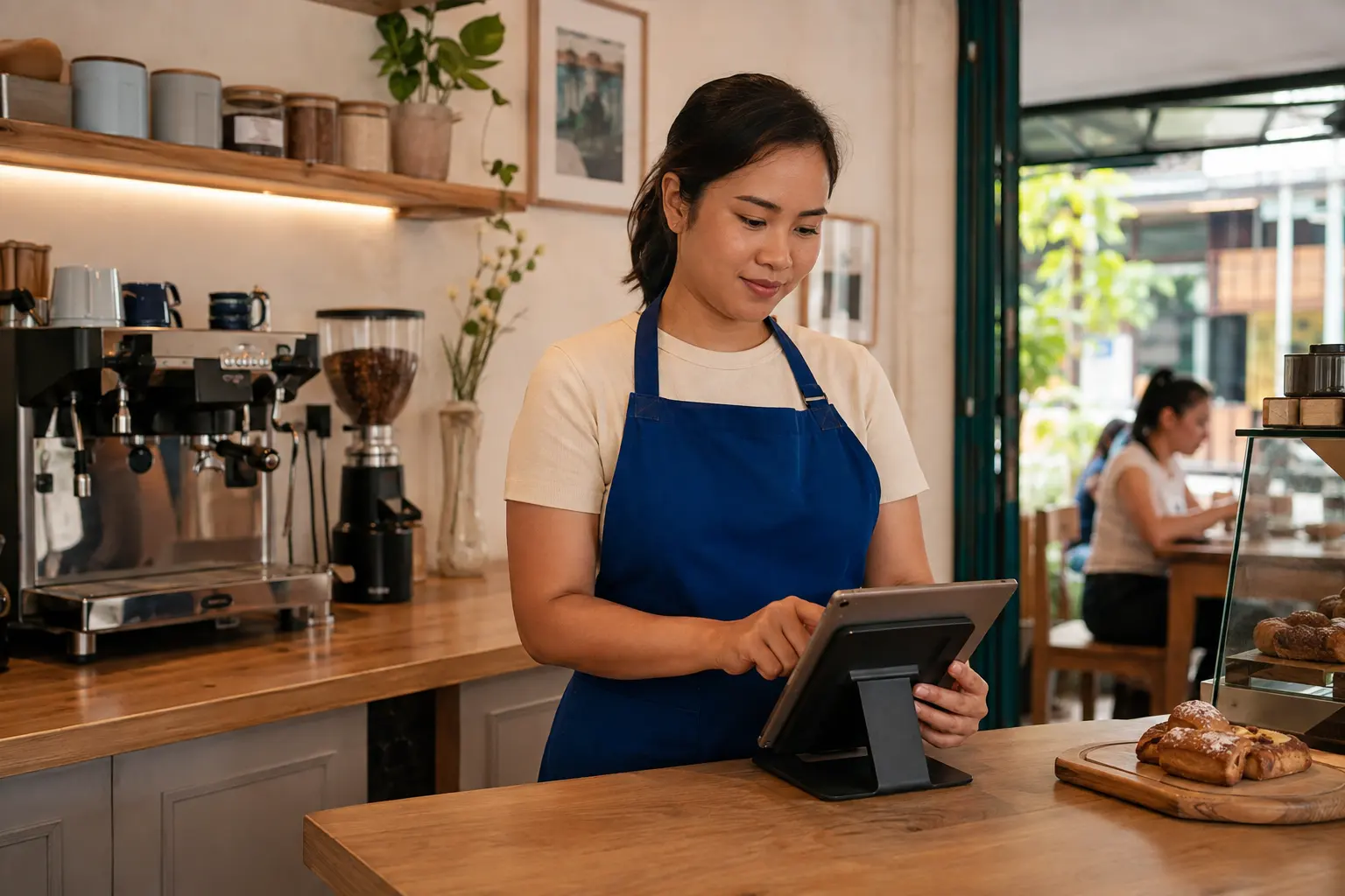 Illustrative scene of a café owner using a tablet at the counter.