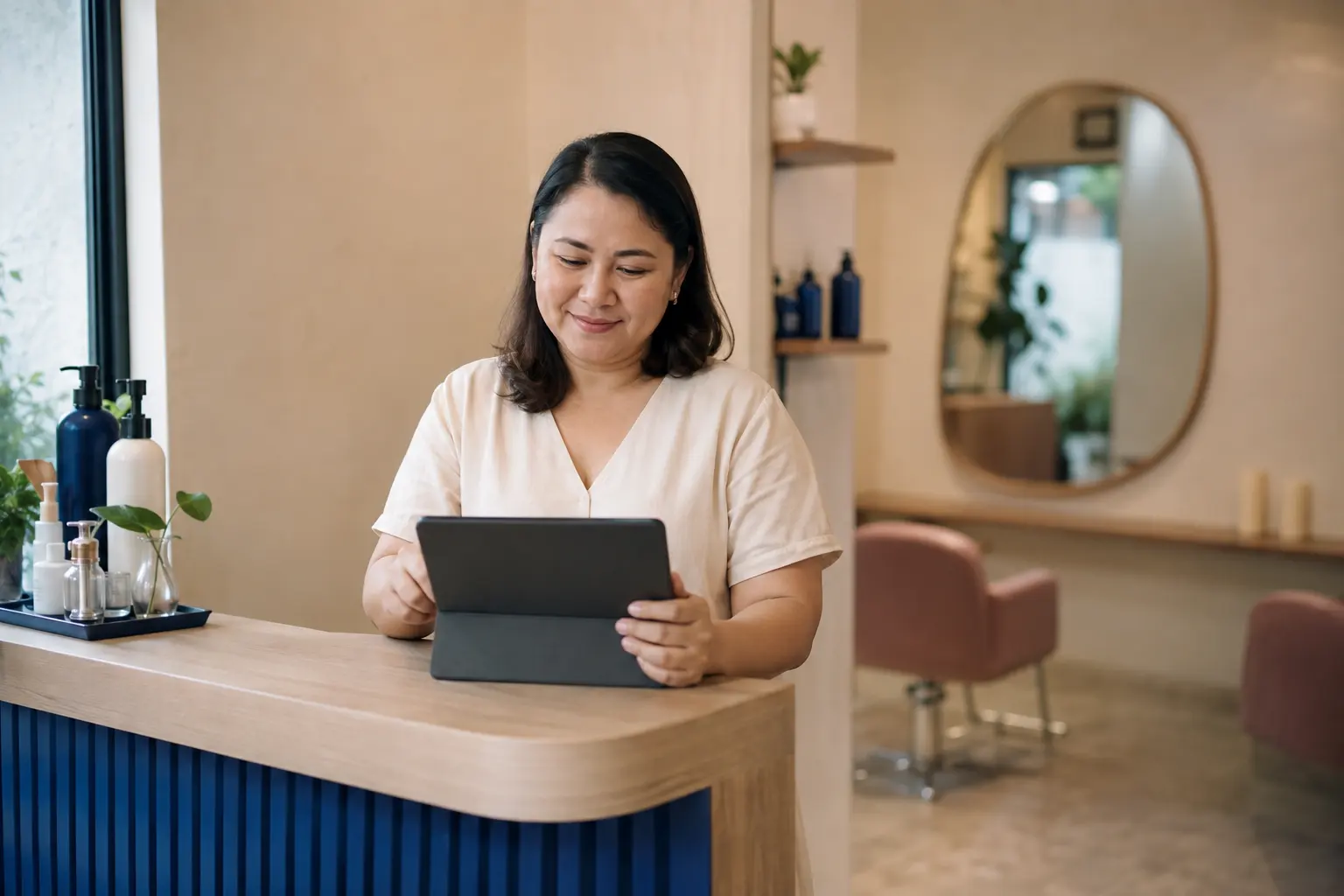 Illustrative scene of a salon owner checking a tablet at reception.