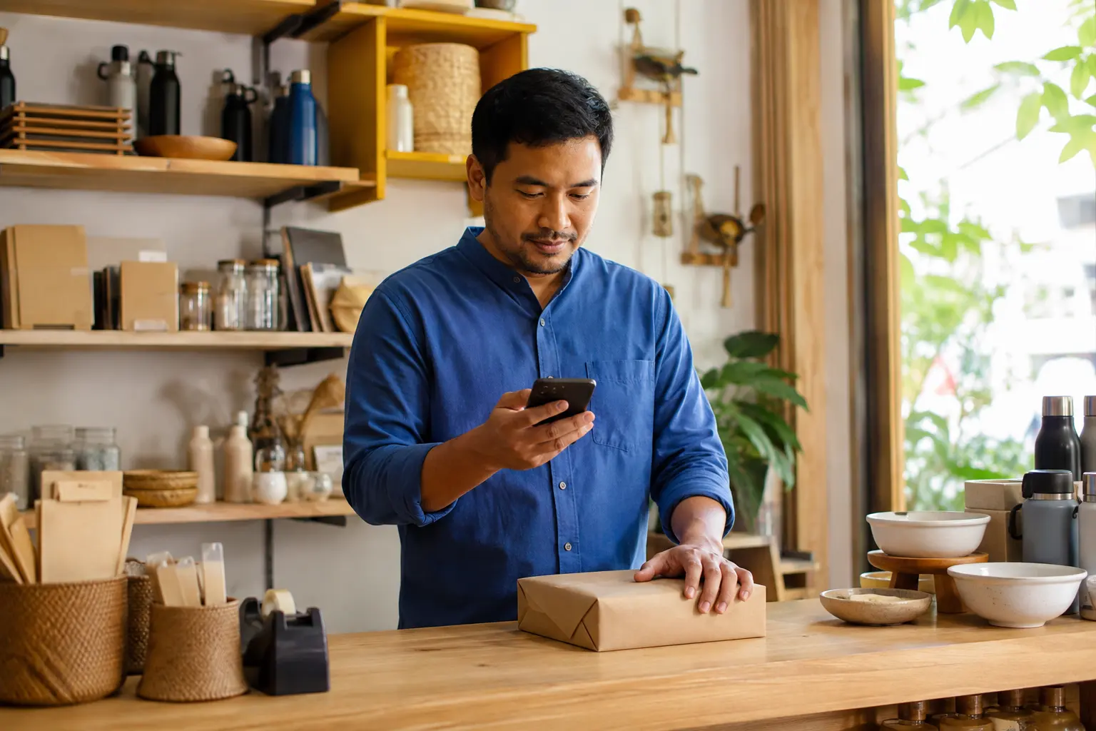 Illustrative scene of a shop owner checking a phone beside a packed order.